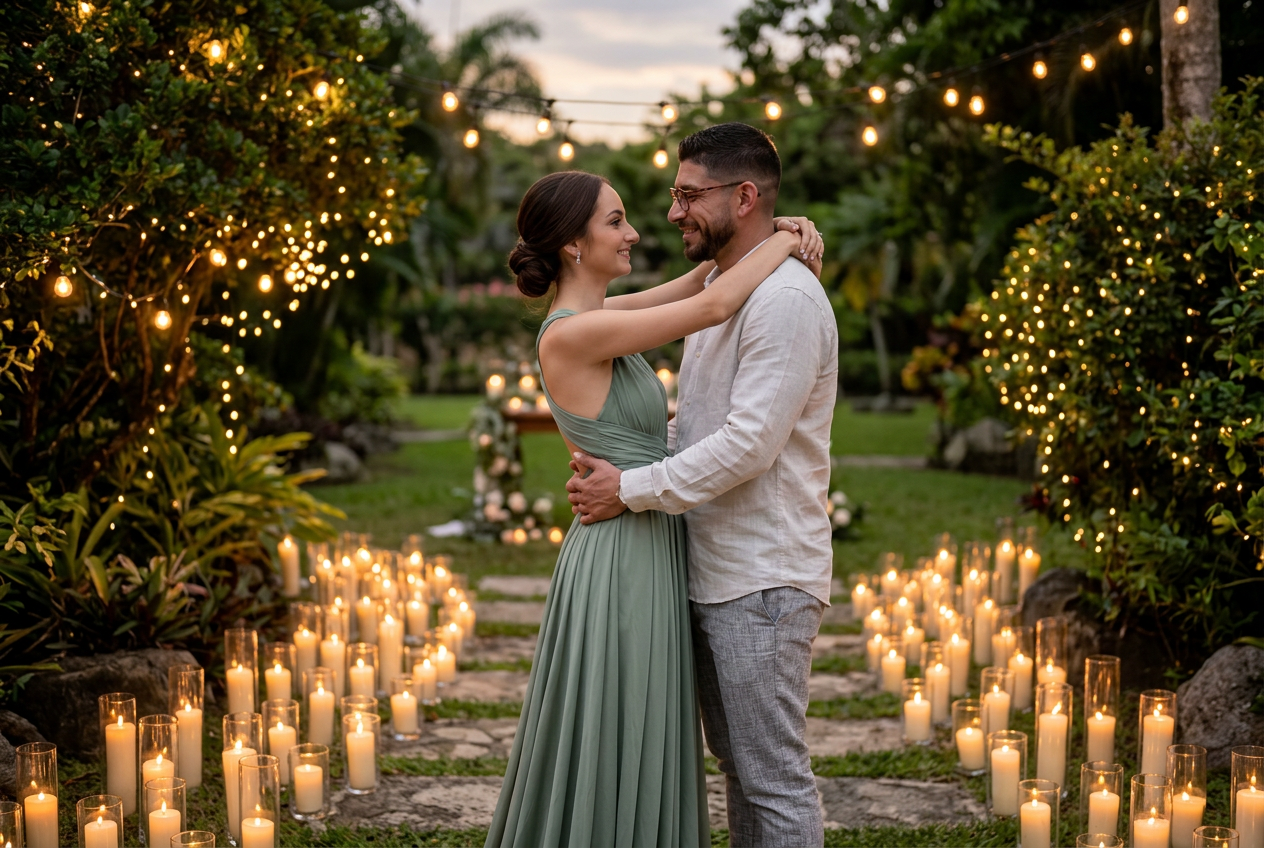 José Miguel y Amanda rodeados de velas y luces al anochecer