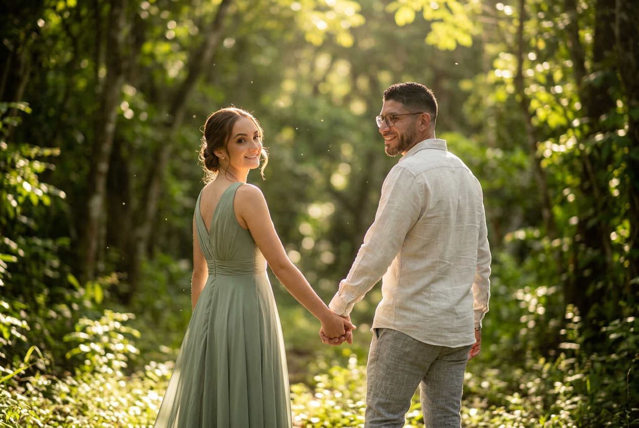 José Miguel y Amanda caminando tomados de la mano en un bosque